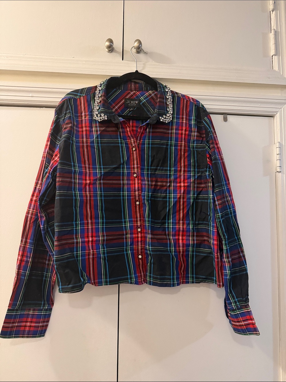 J. Crew Red & Navy Plaid Button-Down Shirt with Jeweled Collar